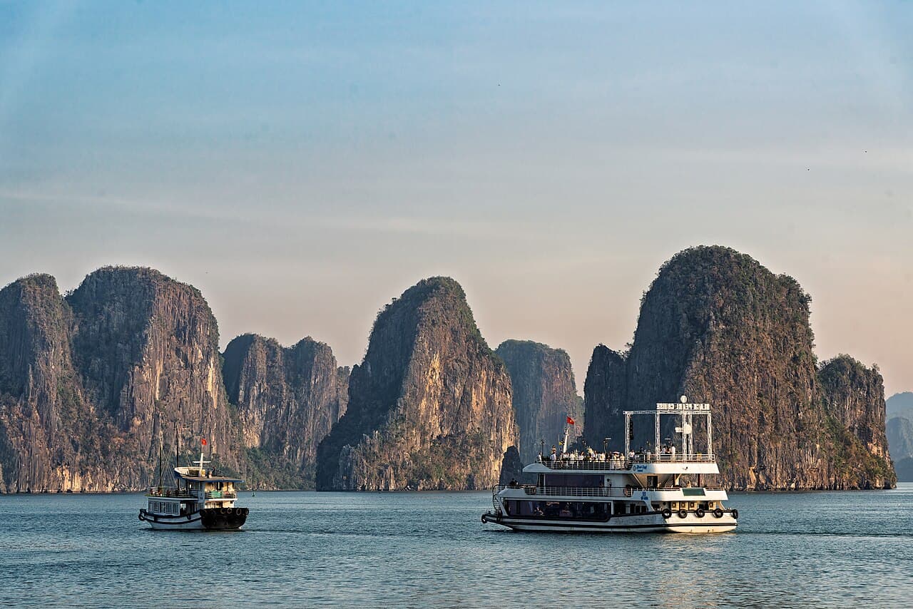 Karst islands and water in Ha Long Bay, Vietnam.